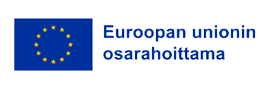 Euroopan unionin sininen lippu, jossa on kaksitoista kultaista tähteä ympyrässä. Lipun oikealla puolella sinisellä tekstillä lukee “Euroopan unionin osarahoittama”.